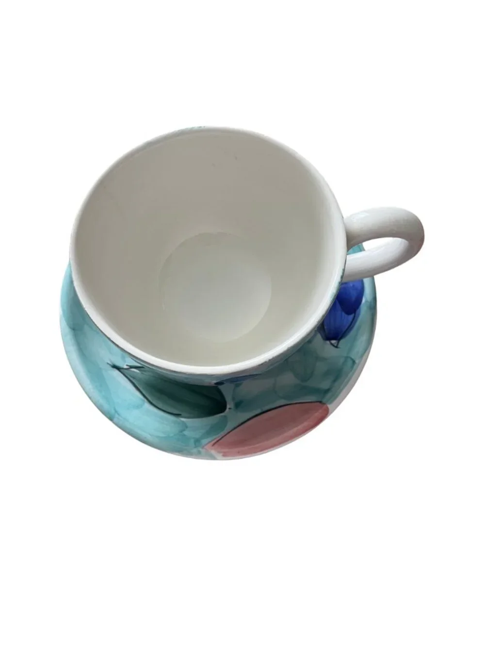 Ceramica San Marciano Hand Painted Italy Cup & Saucer Set Blue Pink Floral Made